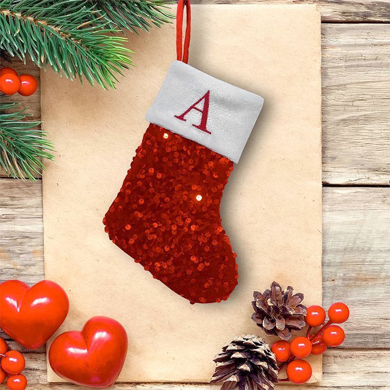 Embroidery Xmas Ornaments - Meia de Natal Vermelha com Lantejoulas,