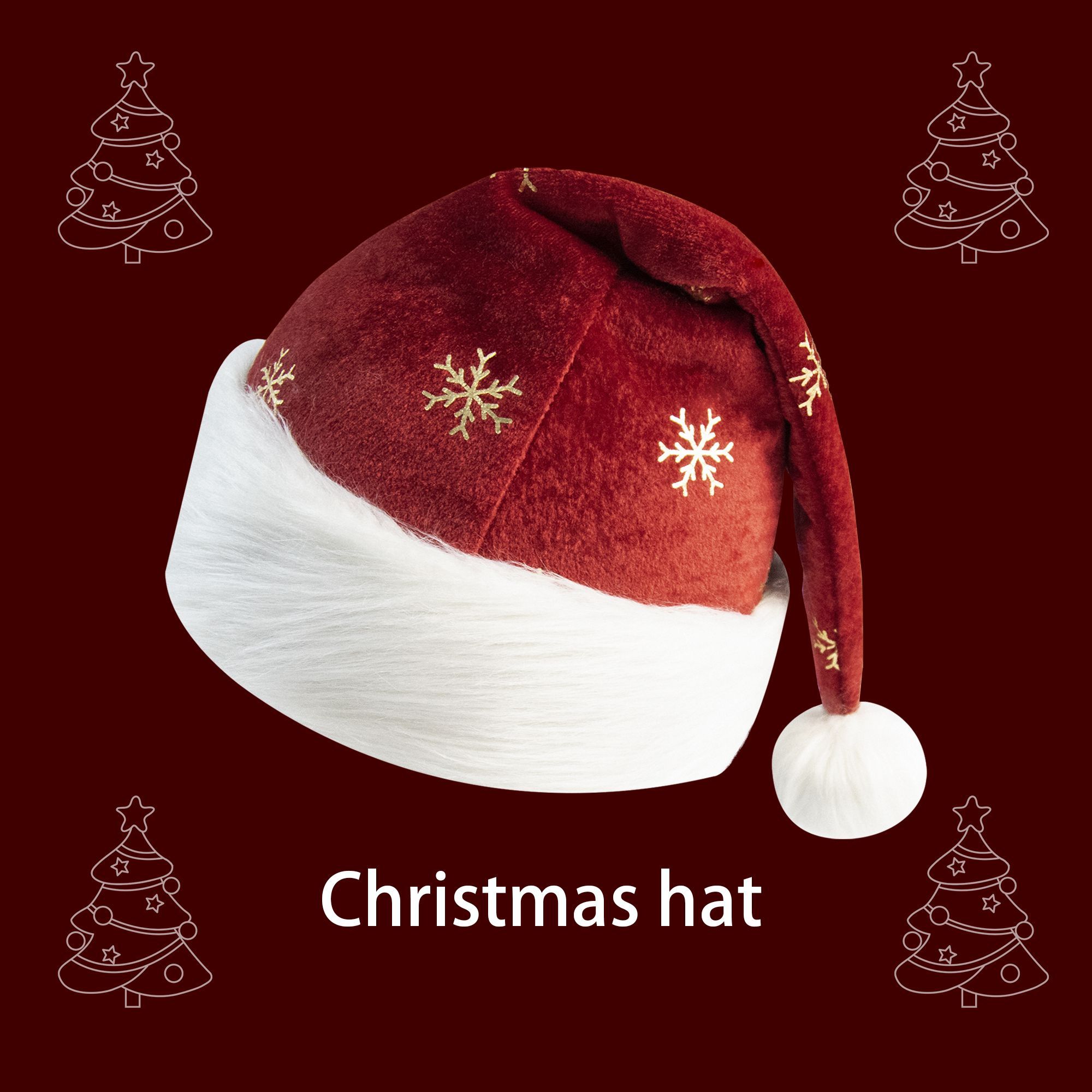 Embroidery Xmas Decorations - Chapéu de Natal em Veludo Borgonha
